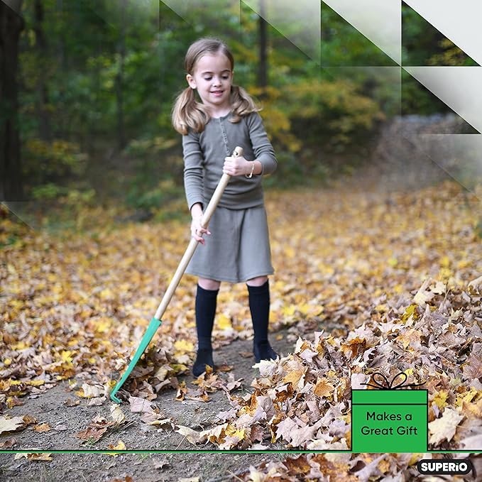 Superio Kids Rake with Hardwood Handle, Gardening and Lawn Care Tools for Kids, Sweep Leaves and Tidying Up The Garden, Plastic Tines and Heavy Duty Wooden Handle 34"