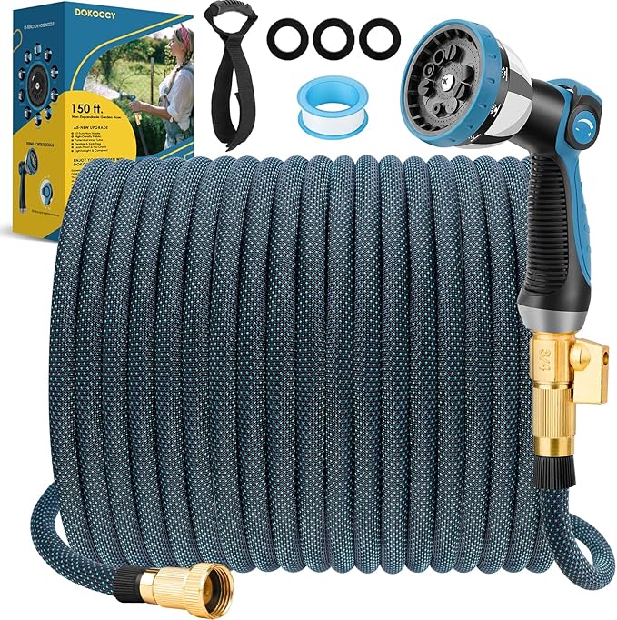 Non-Expanding Garden Hose 150 ft, Flexible Kink Free Water Hose with 10 Watering Spray Nozzle, Lightweight Hose Pipe, Leak-Proof, Durable, 3/4" Brass Alloy Connector, Portable Storage Strap