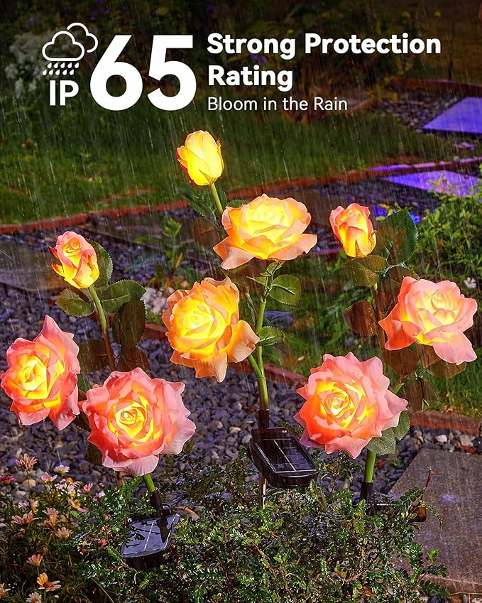 Solar Flower Lights Outdoor,Solar Garden Lights with 12 Bigger & More Realistic Flower,IP65 Waterproof Solar Powered Pathway Lights for Yard Lawn Patio Garden Decor(4Pack Rose Lights)