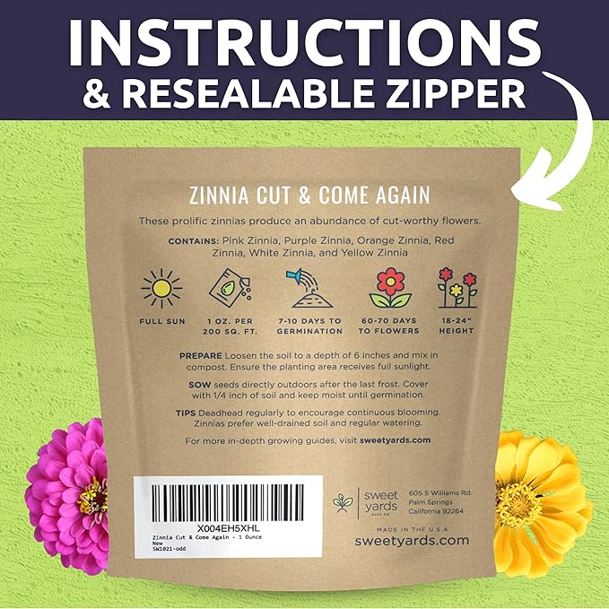 Zinnia Cut & Come Again Mix - Large 1 Ounce Packet - 4,000 Flower Seeds for Planting - Zinnia elegans
