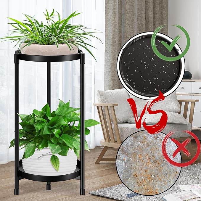 2 Tier Plant Stand Indoor Tall,Metal Flower Pot Holder Stands for Outdoor,Round Heavy Duty Corner Plant Shelf Black for Patio Garden Balcony Living Room Bedroom