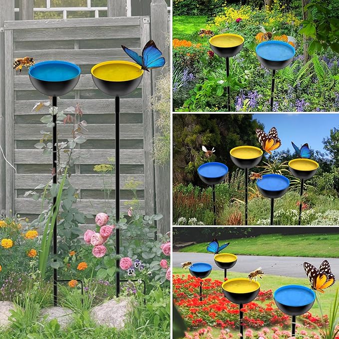 2 Pack Bee Cups For Garden, Bee Waterer And Butterfly Water Stations, Bee Water Catcher Cups For Thirsty Pollinators, Bee Bath, Colorful Metal Garden Sculpture Stakes Decor, Bee Houses For The Garden