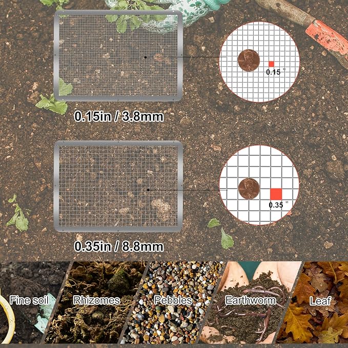 Soil Sifter 13.8"x10.2" for Garden: Wooden Dirt Sifter Replaceable Iron Mesh(0.15" & 0.35"), Multipurpose Handheld Compost Rock Sifter for Flowers, Fruit, Vegetable Plant Pots Gardening Tools