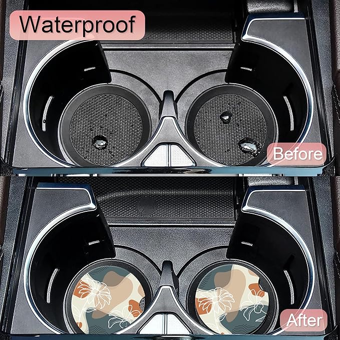 Abstract Flowers Leave Car Coasters,Ceramic Absorbent Cup Holders with Finger Notch & Cork Base Car Assecories for Women/Men 2.6"(2 Pieces)