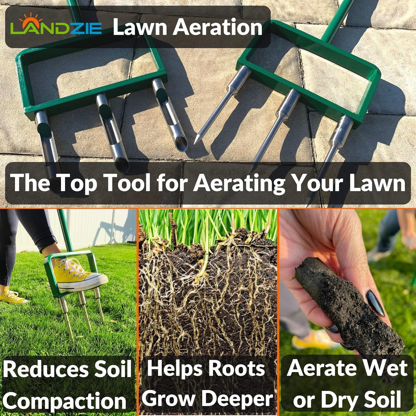 Landzie - The Original Hollow and Spike Tine Lawn Aerator Set - Includes 1 Aerator + Set of 3 Hollow Tines and 3 Spike Tines - 42 Inch Manual Stainless Steel Gardening Hand Tool