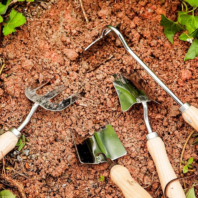 Gardening Tool Sets – Garden Hand Tools Kits with Wood Handle and Stainless Steel Head，Trowel, Hoe, Shear