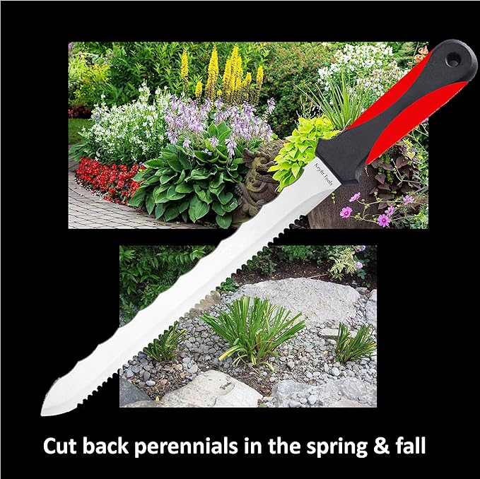 Keyfit Tools Spartan Garden Knife Perennial Splitter Divider Super Sharp Double Sided Serrated Stainless Steel 8” Blade 5” Ergonomic Rubber Handle Hori Hori Knife Gardening Tools