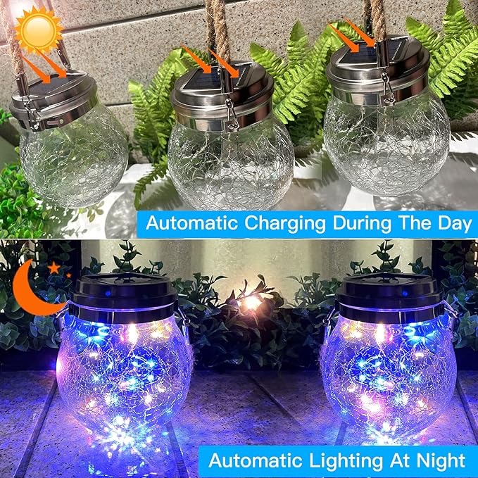 Hanging Outdoor Solar Lights, 30LED Cracked Glass Ball Decorative Lights,Solar Powered Waterproof Landscape with Handle for Tree Yard Garden Patio Fence Holiday Decor(Multicolor)