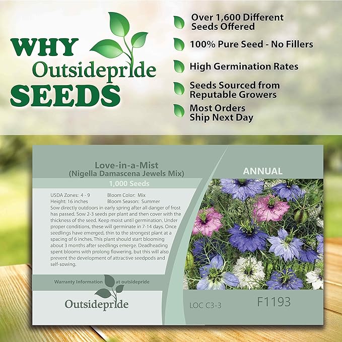 Outsidepride 1000 Seeds Annual Nigella Love-in-a-Mist Jewels Flower Seed Mix for Planting