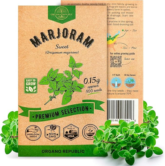 Marjoram Seeds Pack 0.15 G - Over 500 Non-GMO Heirloom Marjoram Seeds for Planting Herbs in Individual Seed Packet, Herbs Seeds for Planting Home Garden Indoor & Outdoor Gardening