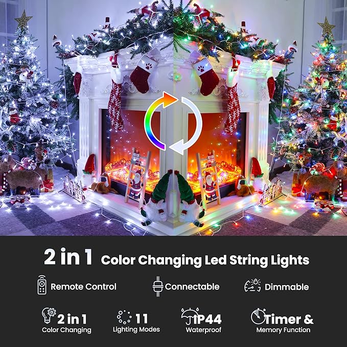 Color Changing 75ft 200 LED White & Multicolor Christmas String Lights with Remote, 11 Modes Twinkle Lights Waterproof for Christmas Party, Garden, Holiday, Xmas Tree Decor