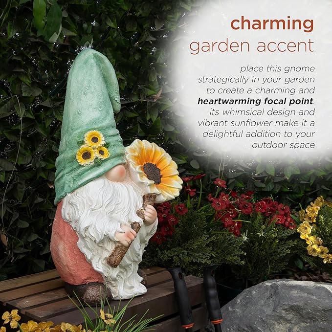 Alpine Corporation MCC842 Indoor/Outdoor Gnome Holding Sunflower Garden Statue, Charming Gnome Statue w/Hat, 21" H, Turquoise