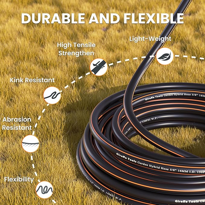 Giraffe Tools Garden Hose 100ft x 5/8", Water Hose Heavy Duty, Flexible, Lightweight Hybrid Hose with Swivel Handle, Male to Female Fittings, Burst 600 PSI