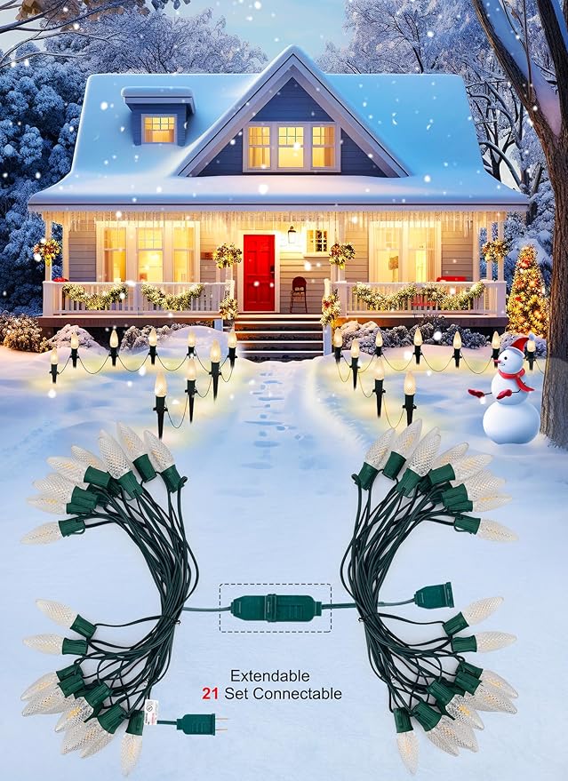 C9 Christmas Pathway Lights Outdoor, 25.7 Feet 20 LED C9 Strawberry Walkway Lights with Marker Stakes, Connectable Shatterproof C9 String Lights for Lane Outside Yard Decorations, Warm White, 2 Pack