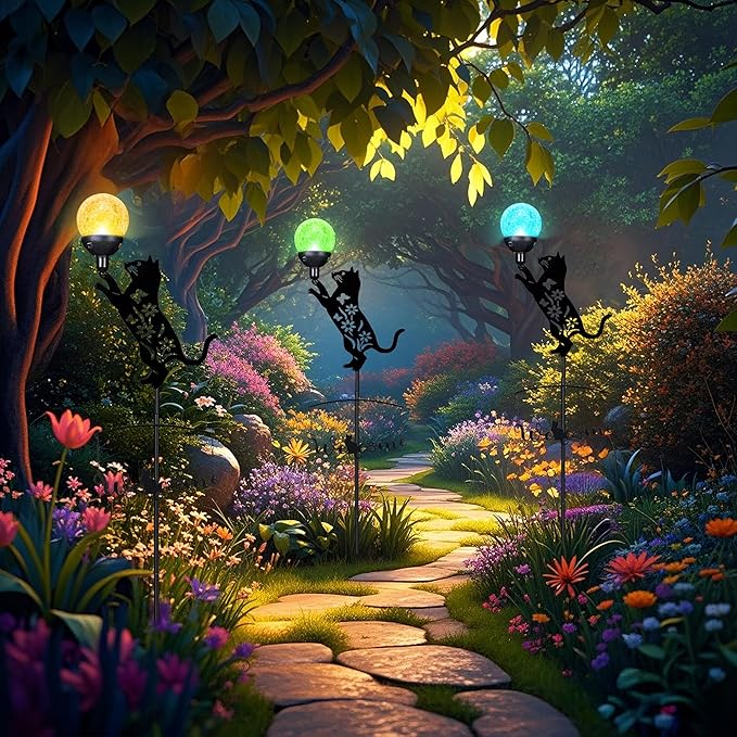 40’’ Metal Black Cat Silhouette Solar Garden Statue Outdoor with Color Changing Crackle Glass Ball Light Decorative Welcome Home Yard Sign Stakes