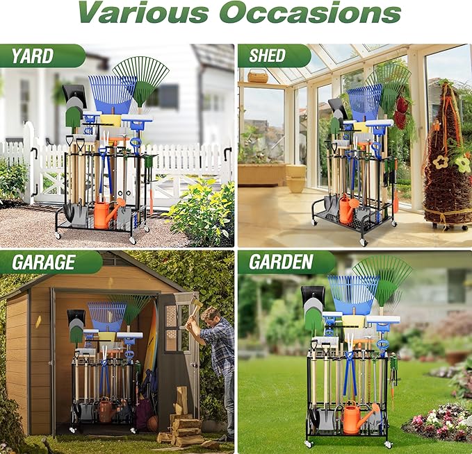Garden Tool Organizer with Wheels, Yard Tool Rack for Garage Organization and Storage, Heavy Duty Steel Tool Holder with Hooks, Garden Tool Stand for Shed, Basement, Outdoor, Black