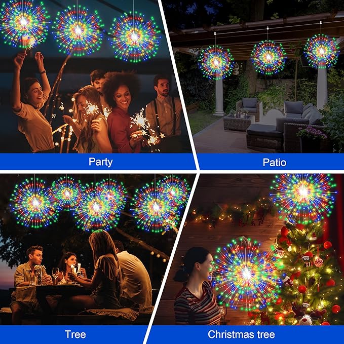 Solar Firework Lights Outdoor, 600 LED Starburst Light Outdoor with USB Rechargerable, 8 Modes Waterproof Solar Hanging Lights for Gazebo Yard Party Wedding Decorations (Multicolored, 600 LED)