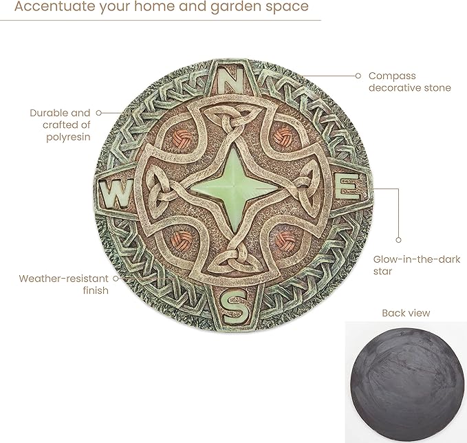 Bits and Pieces - 10” (25.5 cm) Glow-in-The-Dark Celtic Compass Decorative Stone - Yard Decoration – Beautiful Lawn/Garden Stone