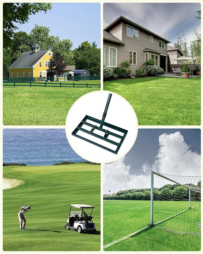 Lawn Leveling Rake,Stainless Steel Lawn Leveler with 17”x10” Ground Plate, 78” Adjustable Long Handle, Heavy Duty Level Lawn Tool for Grass, Golf Field, Level Soil or Dirt Ground Surfaces-Green