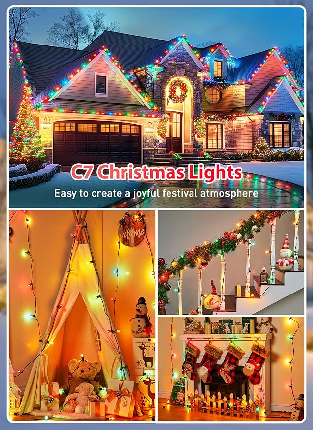 C7 Christmas Lights Outdoor 50 Feet Multicolor Christmas String Lights Green Wire for Room Roofline House Garden Patio Backyard Cafe Party Xmas Home Decorations, 50 Clear Bulbs