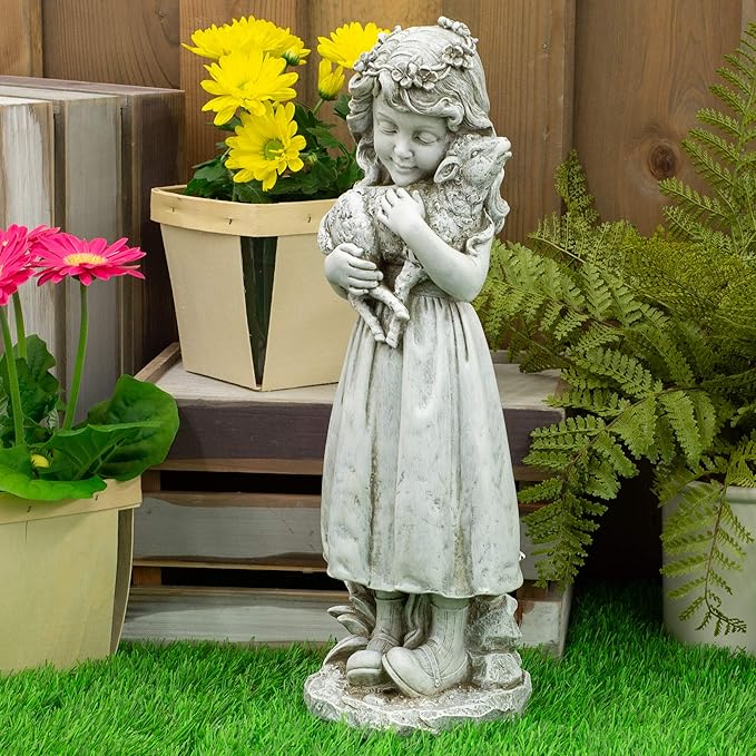 Joseph's Studio by Roman Inc., Girl with Lamb Garden Statue, Garden Collection, Religious Statue, Holy Family, Memorial, Angel, Patron Saint, Garden Décor (5x5x16)