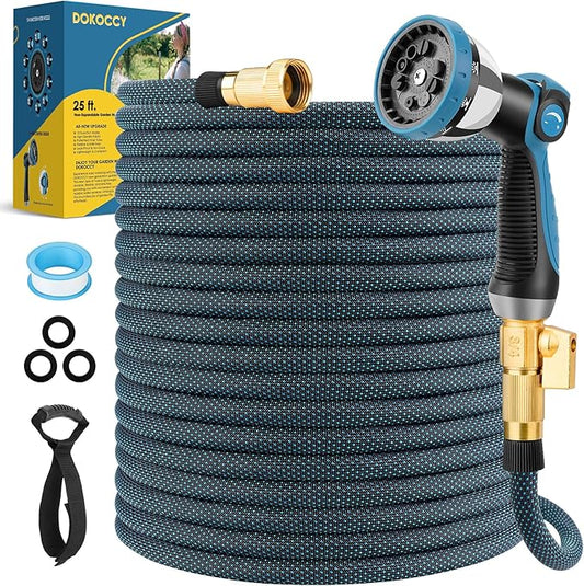 Non-Expanding Garden Hose 25 ft, Flexible Kink Free Water Hose with 10 Watering Spray Nozzle, Lightweight Hose Pipe, Leak-Proof, Durable, 3/4" Brass Alloy Connector, Portable Storage Strap