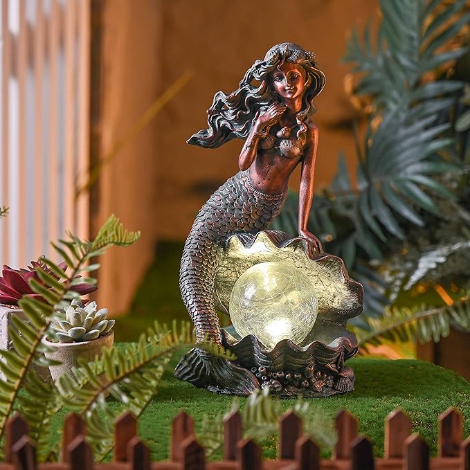 TERESA'S COLLECTIONS Mermaid Garden Statues with Solar Outdoor Lights for Outdoor Decor, Bronze Patina Fairy Sculptures & Statues Christmas Decorations, Garden Decor Gifts for Mom Yard Decor, 13"