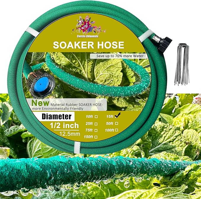 Soaker Hose 1/2inchx 15ft,Green Rubber Hose Water Saving up to 70%,Durable Flexible Soaker Hose that irrigation for Patio Lawn,Trees,Vegetables and Flowers. …