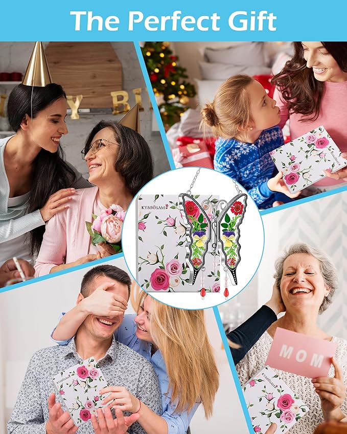 KY&BOSAM Butterfly Suncatcher DIY Gifts for Mom Ornament for Window Pressed Flower Between Wings Glass Metal Engraved No Charm Gifts for Mom Mother's Day Valentine's Birthday Thanksgiving Christmas