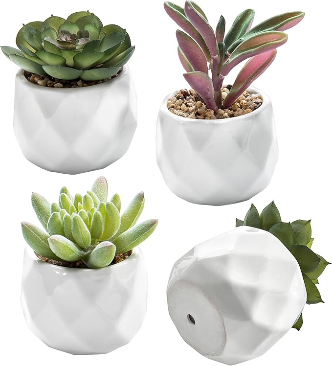 MyGift Miniature Artificial Succulents, Indoor Fake House Plants in Round White Geometric Ceramic Pots, Set of 4