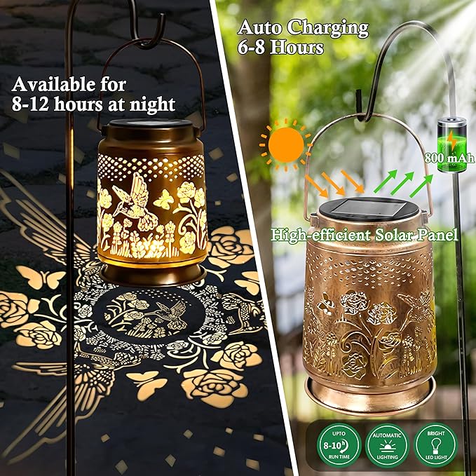 KY&BOSAM Solar Lanterns Outdoor Waterproof Rose Hummingbird Garden Decor Birthday Gift for Women Mom Grandma Hangings Solar Lights Metal Diwali Decoration Outside Lantern for Yard Patio Backyard Porch
