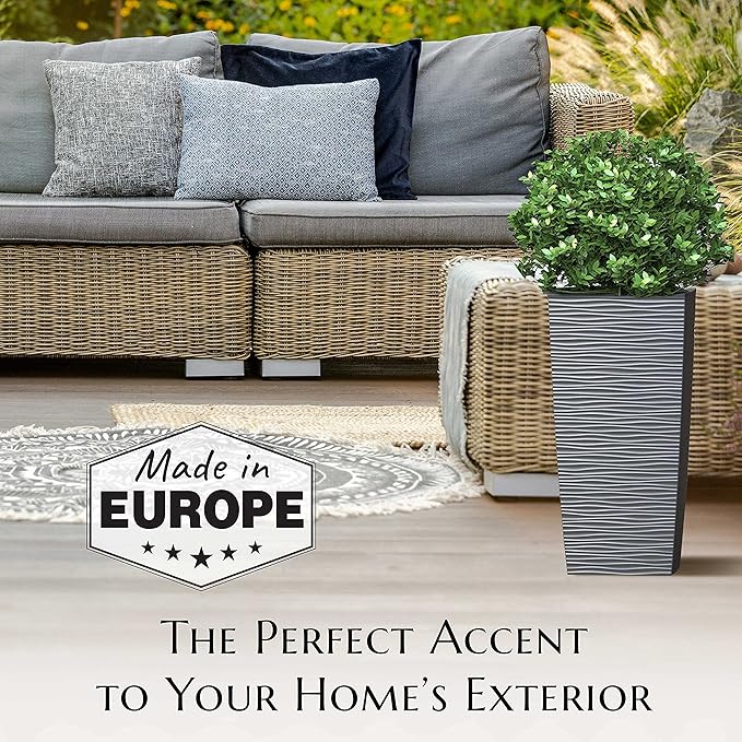 Mueller M-Resin Heavy Duty Tall Planter, Indoor/Outdoor Grande Plant, Tree, Flower Pot, 2-Piece Set, 18”, Modern Design, Built-in Drainage, Dark Grey