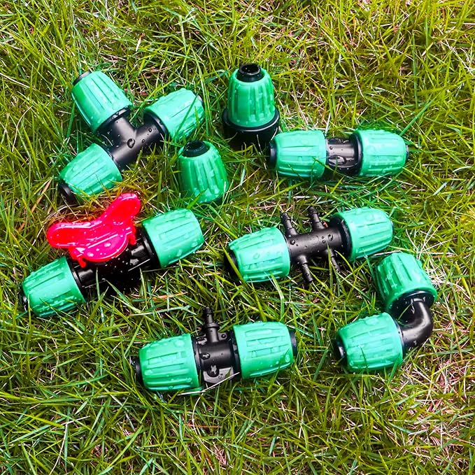 23 Pcs 1/2 Inch Drip Irrigation Fittings Kit (1/2" ID x 0.65" OD), 1/2 Inch Irrigation Tubing Set Including 4 Tees, 4 Couplings, 3 Elbows, 4 Reducer Tee, 4 Plugs, 2 Valves and 2 Faucet Adapter