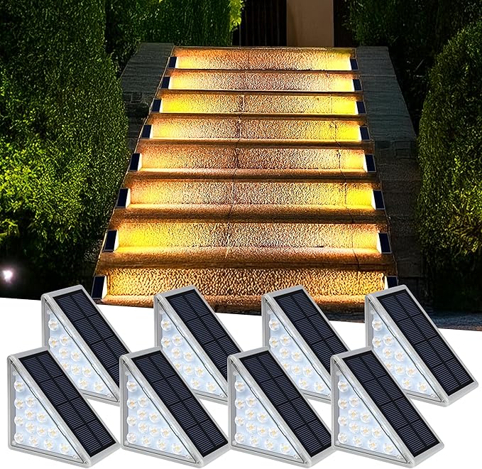 LED Solar Step Lights Waterproof Outdoor Stair Lights, Warm White Solar Deck Lights IP67 Solar Decoration Lights for Yard, Patio, Garden, Walkways, Front Door, Pathway, Driveway, Porch 2PK