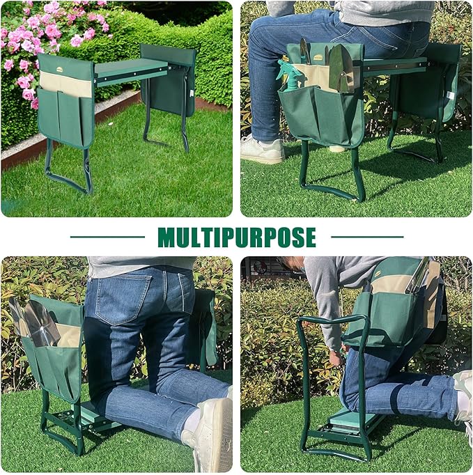 G GOOD GAIN Garden Kneeler Seat Gardening Stool Widen Soft Kneeling Pad with 2 Larger Tool Pouches Outdoor Foldable Sturdy Gardening Tools Gifts for Gardeners, Green