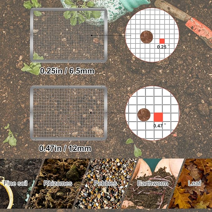 Soil Sifter 13.8"x10.2" for Garden: Wooden Dirt Sifter Replaceable Iron Mesh(0.25" & 0.47"), Multipurpose Handheld Compost Rock Sifter for Flowers, Fruit, Vegetable Plant Pots Gardening Tools