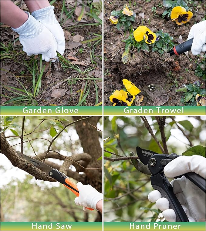 Garden Tool Set URASISTO 4 pcs Gardening Tool kit -Trowel, Folding Saw, Garden Pruner, Gardening Gloves,Roll Up Carry Bag Included, Ideal Garden Tool Kit Gifts for Women and Men