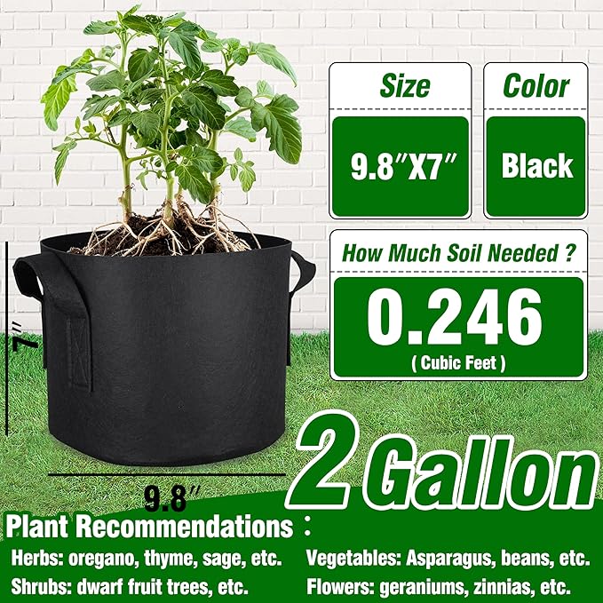 PHYEX 12-Pack 2 Gallon Grow Bags, Thickened 300G Nonwoven Fabric Pots with Reinforced Handles, Planting Bags for Healthy Root Growth, Vegetables, and Flowers, Come with 12 Pcs Plant Labels
