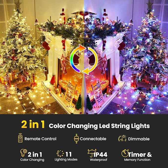 Color Changing Christmas Lights, 175ft 500 LED Warm White & Multicolor Christmas String Lights with Remote, 11 Modes Christmas Twinkle Lights Waterproof for Christmas Party, Garden, Xmas Tree Decor