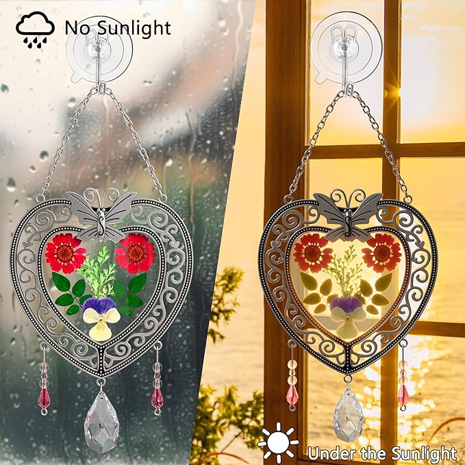 KY&BOSAM Heart Suncatcher Crystal Tree of Life Stained Glass Panles Real Flower Hangings for Windows Home Garden Outside Wind Chime Decor Birthday Gifts for Women Mother`s Day Christmas Ornament