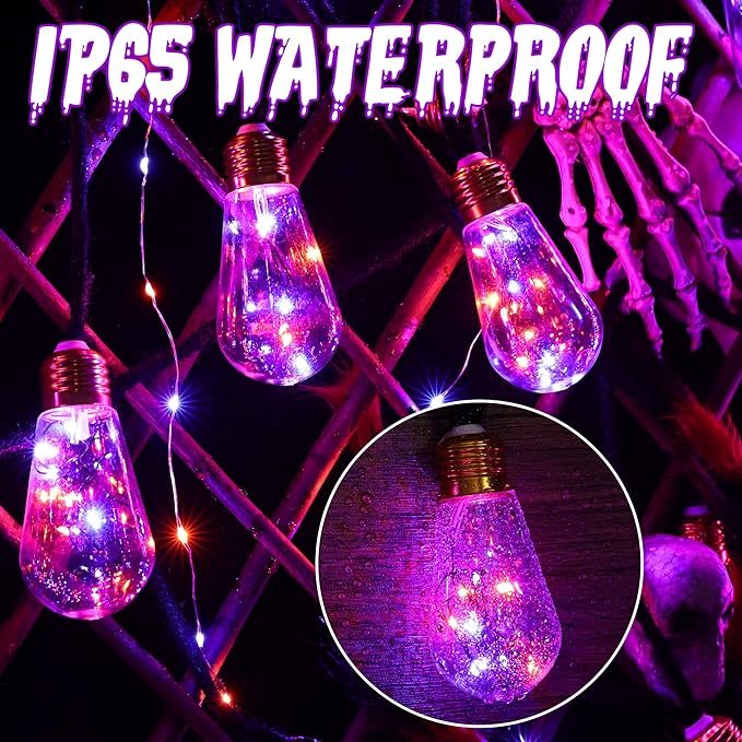 Orange & Purple Solar Halloween Lights Outdoor, 20Ft Black Hemp Rope Halloween String Lights, Waterproof Orange Purple Lights with 8 Modes 16 Shatterproof Bulbs for Patio, Yard, Party, Halloween Decor