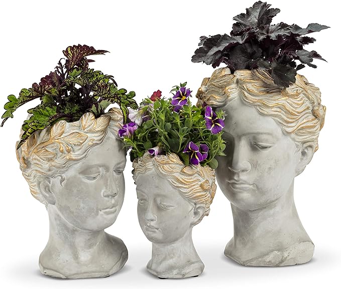 Abbott Collection Aphrodite Head Planter – Small Indoor and Outdoor Planter Pots - Whimsical Woman Statue Head Planter for Flowers and Succulents (6.5 inch, Grey/Gold)
