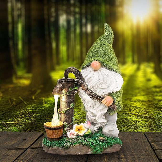 TERESA'S COLLECTIONS Resin Garden Gnomes Decor with Solar Lights, Green Outdoor Decorations for Porch Patio, Gifts for Women and Men，Outdoor Garden Decor Ornaments for Outside, 10"