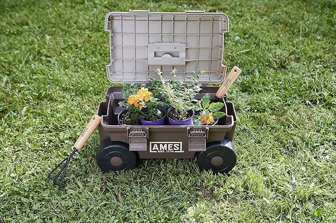 AMES 20213200 Rolling Lawn & Garden Storage Cart for Storing Tools & Cleaning Supplies, Lid Doubles as Seat, 225 lb. Weight Capacity