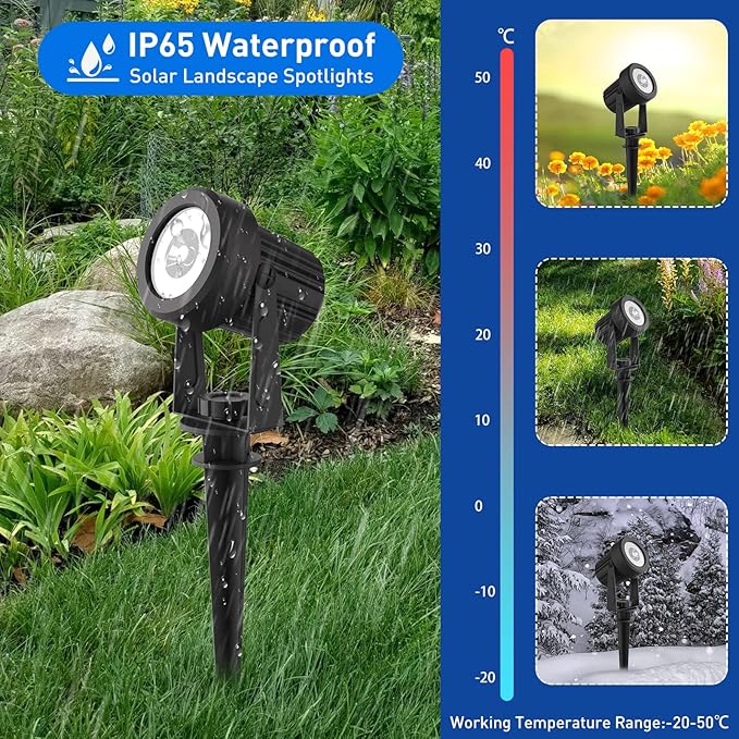 T-SUNUS Solar Spot Lights Outdoor Color Changing, Solar Landscape Spotlights RGB Lighting Waterproof IP65 Wall Lamp 9.8ft Cable for Patio, Pathway, Yard, Garden, Holiday Decoration (Multi-Color)