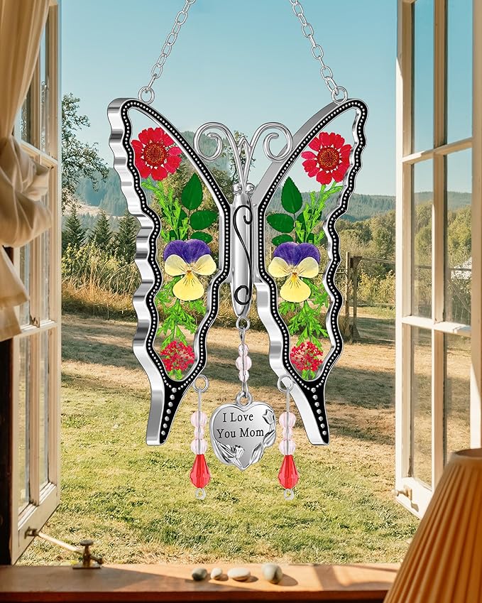 KY&BOSAM Gifts for Mom Butterfly Suncatcher Mom Gifts Mothers Day I Love You Mom Stained Glass Sun Catcher for Window Hangings Wind Chime Ornament Birthday Gift for Mother`s Day Valentine`s Christmas