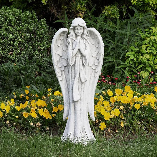 TOETOL Outdoor Garden Statues Praying Angel Statue 31.1" Grave Decorations Magnesium Oxide Stone Grey Yard Patio Deck Home Entryway Hallway Sculpture