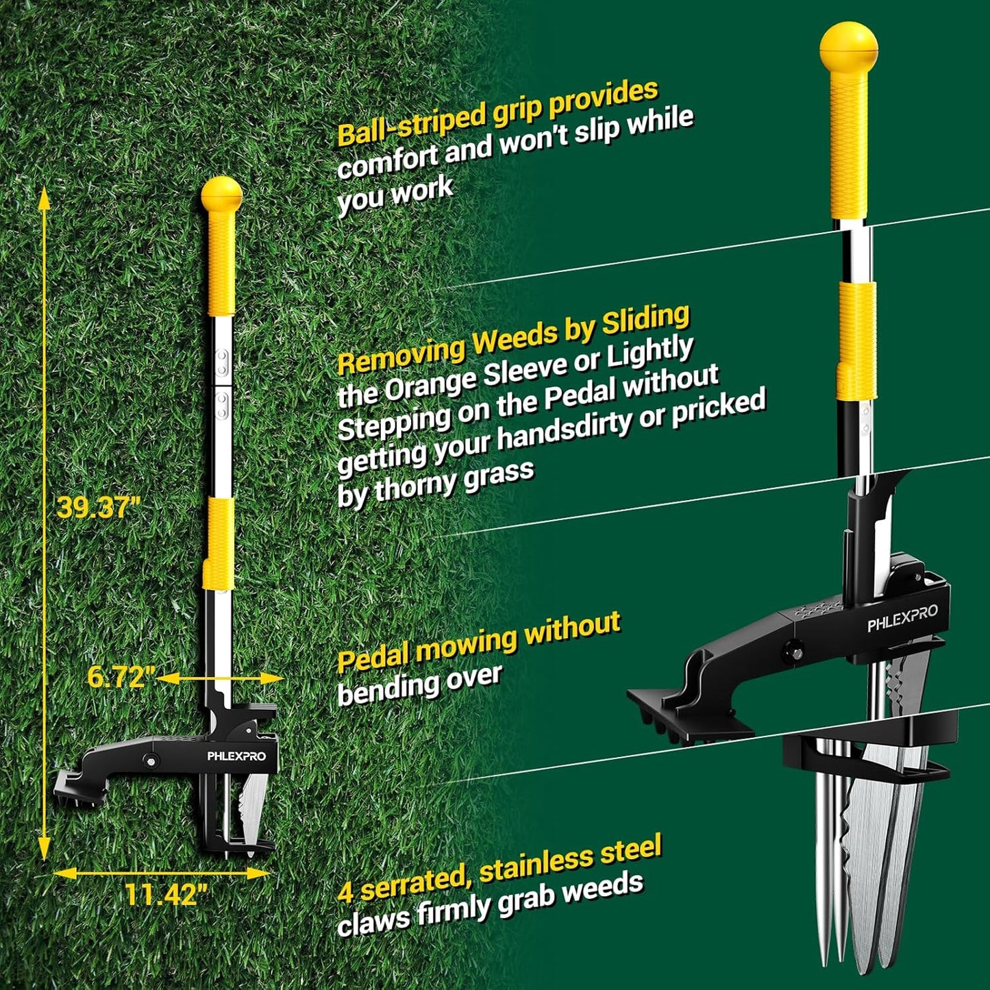 4-Claw Stand Up Weed Puller Tool, Gardening Hand Weeding Tool with 39.3" Long Ergonomic Handle with Easy-Eject Mechanism-Yellow