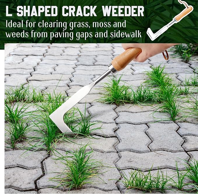 Yungyan 5 Pcs Weed Puller Set Include Hori Weeding Knife Uprooting Crack Weeder Puller Tool 5 Teeth Weeding Tool L Shape Gardening Crack Sickle Tool Hoe for Garden Lawn Grass Moss Removal Backyard
