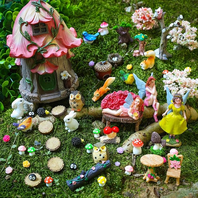 93 Pcs Fairy Garden House Resin Accessories Fairy Elves Kit Miniature Fairy Figurines Ornaments Fairy Animals Decor Outdoor for DIY Dollhouse